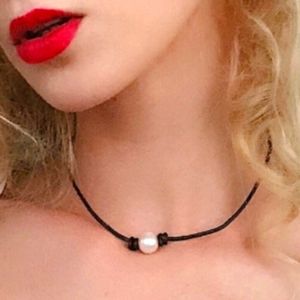 #U11 New Simple Tiny Dainty Pearl Leather Necklace Small June Birthstone